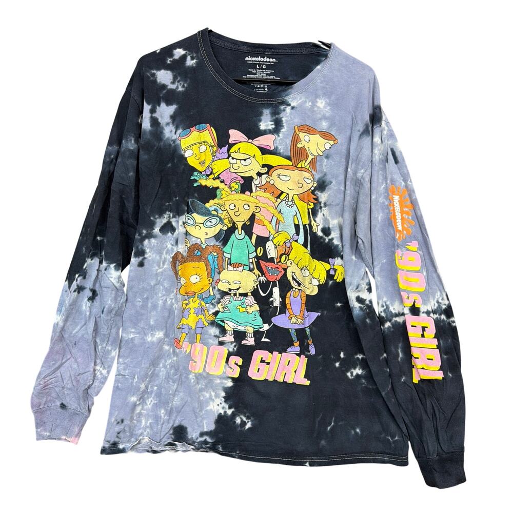 Nickelodeon Womens Graphic Tee Black Tie Dye 90s Girl Long Sleeve Crew Large